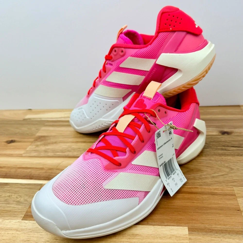 Adidas Ubersonic 5 Tennis Shoes Women's Pink White Heart Lace Up Athletic Size 8